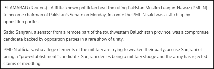 nadiakhaan's tweet photo. Madam, pls share the story of Sanjrani's appointment too, was it ethical, legal, or justified when #PPP had joined hands with #PTI or #Estab secretly!!!
Here's what Reuters had written down about that! https://t.co/4vEDsEKe9a