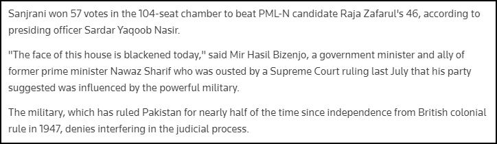 nadiakhaan's tweet photo. Madam, pls share the story of Sanjrani's appointment too, was it ethical, legal, or justified when #PPP had joined hands with #PTI or #Estab secretly!!!
Here's what Reuters had written down about that! https://t.co/4vEDsEKe9a