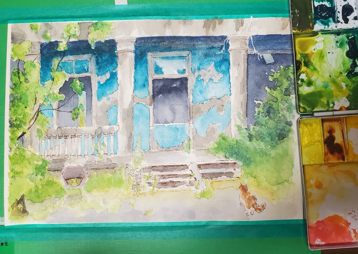 _amam1i's tweet photo. 廃墟スケッチ🌿
かさこさん(@haikeiphoto)からお借りしました！猫は空想です🐈️
 #イラスト #透明水彩  #watercolor #アナログ絵　#illustration #猫 #cat #廃墟 https://t.co/RtnMPyxIZs