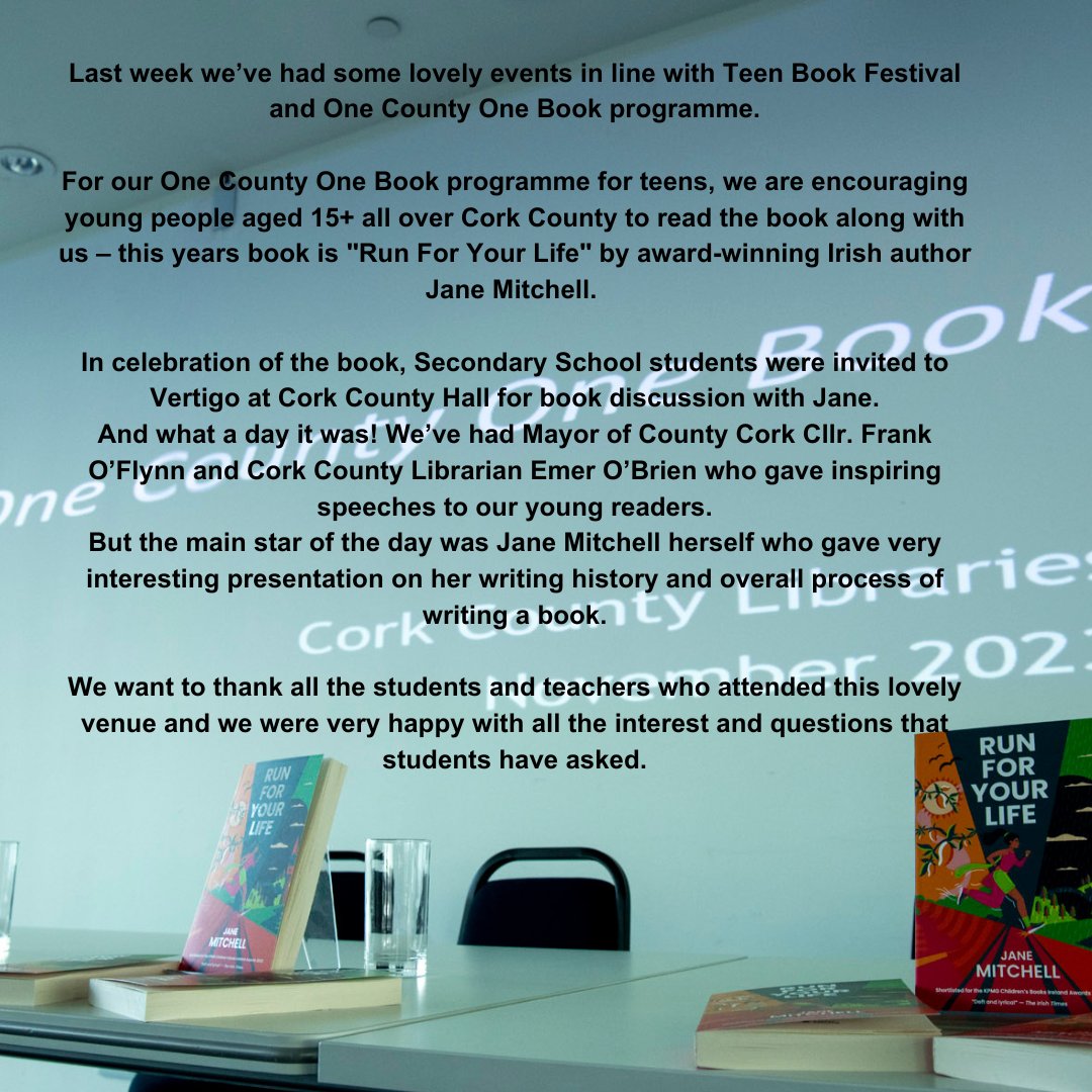 corkcolibrary's tweet photo. Last week we’ve had some lovely events in line with Teen Literature Festival and #OneCountyOneBook programme.
#RunForYourLife @JMitchellwriter
#YABooks #CarrigalineCommunityCollege #CarrignafoyCommunityCollege #MidletonCBS #PobalscoilNaTrionoide
@creativeirl
@HealthyIreland https://t.co/tm816N8ix2