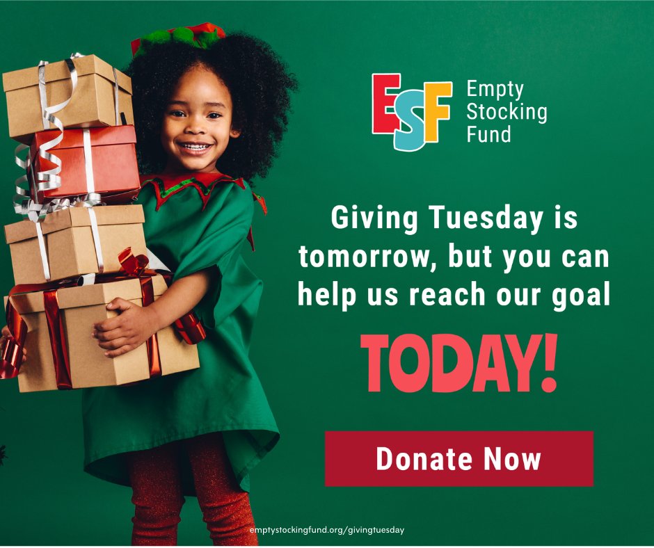 Thousands of families rely on ESF to provide gifts to their children at Christmastime. More than just toys under the tree, these gifts touch children's lives for years!
 
Just $35 gives a disadvantaged child toys and HOPE this holiday season. 

emptystockingfund.org/givingtuesday