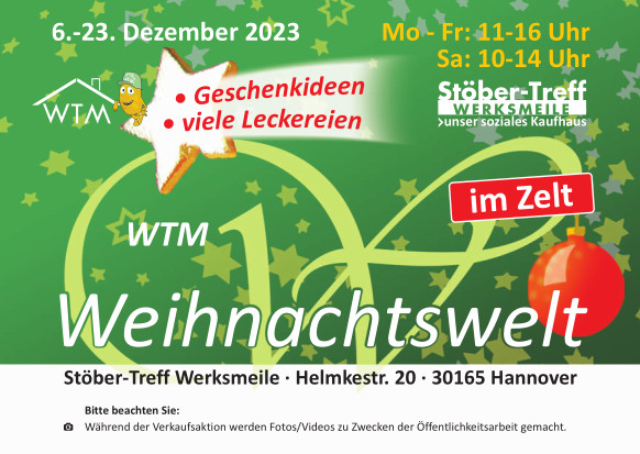 WerkstattV's tweet photo. Weihnachtsstimmung in der WTM-Weihnachtswelt 
Vom 06. Dezember bis zum 23. Dezember. Geschenkideen und Geschenke zu günstigen Preisen. Besuchen Sie die WTM-Weihnachtswelt in der Helmkestraße 20 in 30165 Hannover. In diesem Rahmen gibt es drei Workshops und ein Live-Musik Konzert. https://t.co/RVXQNp58og