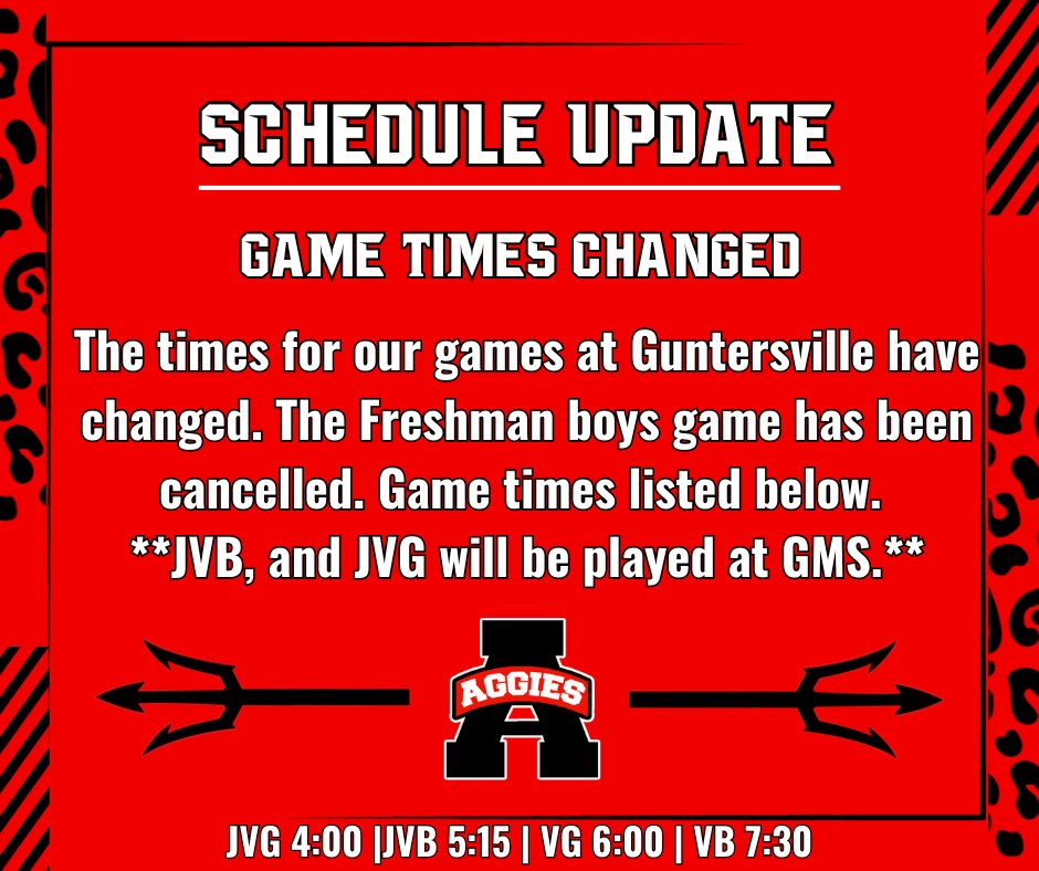 Update to tomorrow's Schedule:

- Freshman boys game vs. Guntersville cancelled. 
- Junior Varsity Boys and Girls games moved to Guntersville Middle School.
- Game times are JVG 4:00 | JVB 5:15 | VG 6:00 | VB 7:30.