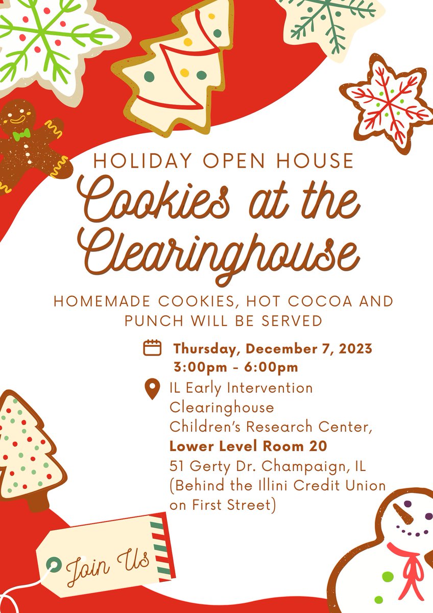 Join us for a holiday open house! This is an excellent opportunity to explore the great resources available for young children and early childhood education for families and providers. We will also have to-go boxes of cookies you can take home. Can't wait to see you there!