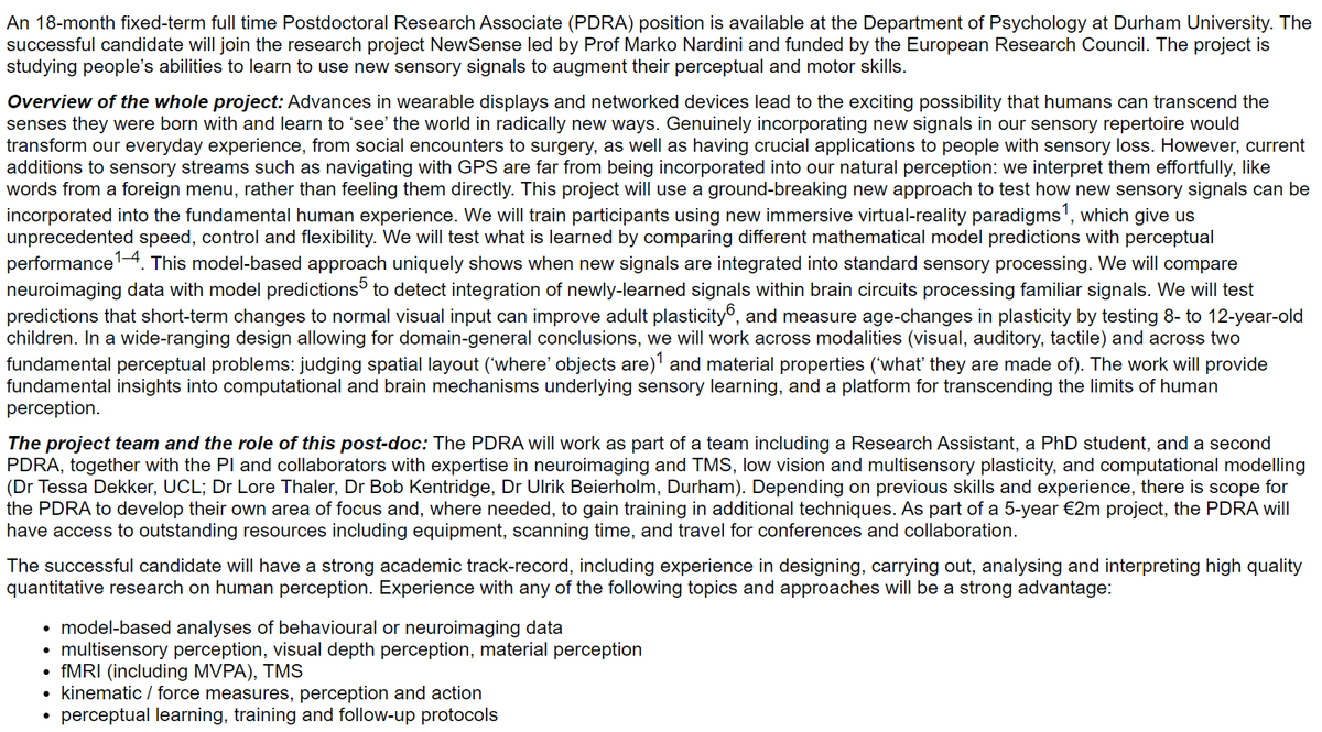 MarkoNardini's tweet photo. ๐จ New vacancy for a post-doc to join my @ERC_Research project NewSense at @DurhamPsych
on multisensory perception & learning, including extending human abilities by learning to use new sensory signals
Full info + apply: https://t.co/YDOx2uKPG8
Closes Jan 5th- pls RT/share ๐ https://t.co/sikDu6VHfk