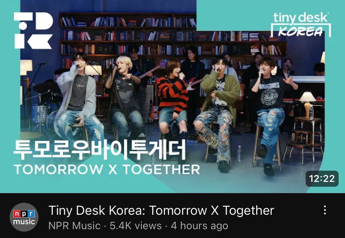 txtarchivee's tweet photo. NPR Music, the parent channel of Tiny Desk Concerts, posted TXT’s Tiny Desk performance on their channel

The channel has more than 8 million followers, so giving it streams would definitely help increase TXT’s exposure to a larger audience 🙏 

Please RT: https://t.co/oMO9KQgk5C https://t.co/5Vof6X0yce