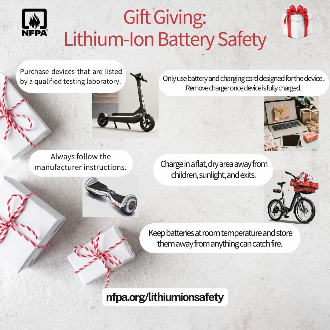 Give the gift of safety with these tips for selecting and using lithium-ion battery-powered presents. For more info visit: nfpa.org/lithiumbattery