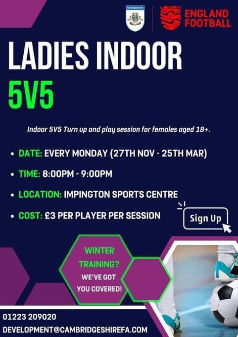 CambsFA's tweet photo. Join us this evening!

FEMALE FOOTBALL | Looking to play football this winter? ❄️⚽

We've got indoor sessions starting TONIGHT! 🙌

Details ➡️ https://t.co/3CS5QE4NVR https://t.co/sPiQSRygAy