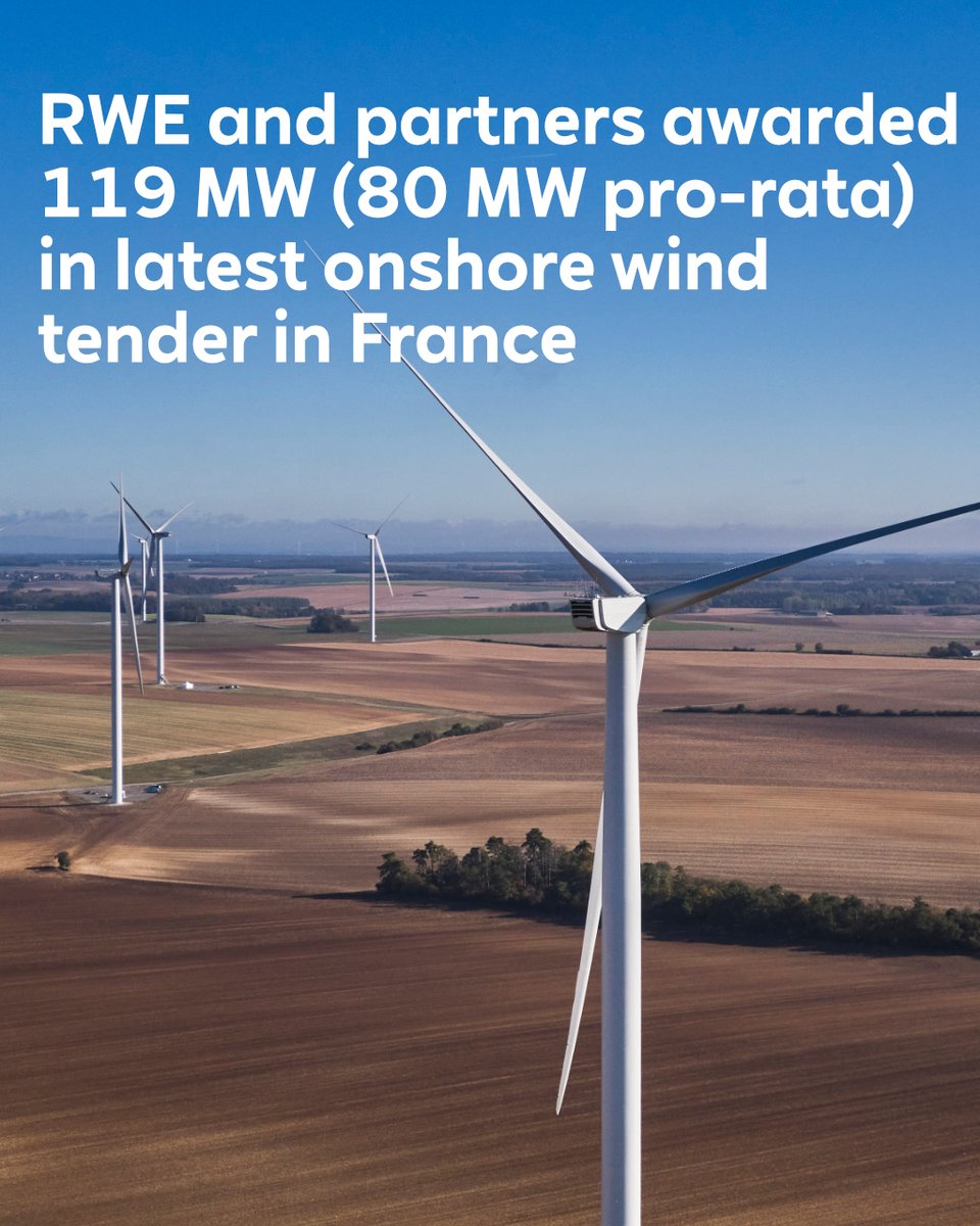 RWE triumphs in France's onshore wind tender, securing five projects (119 MW total, 80 MW pro-rata), with two to be developed with partners. This underscores our strong ambitions in the French renewables market. Kudos to #TeamRWE in France! 🇫🇷 rwe.com/en/press/rwe-r…