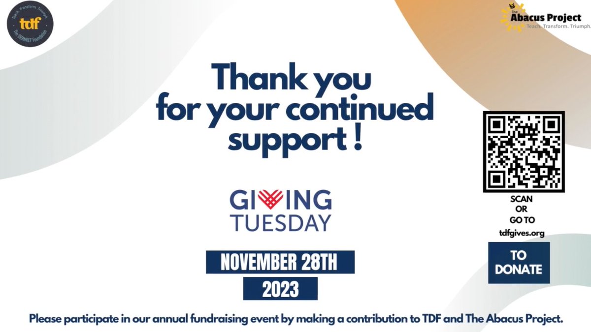Because of your continued contribution and support, we have accomplished a lot in 2023. Please participate in our annual fundraising event by making a contribution to TDF and The Abacus Project.

Please go to tdfgives.org to donate.