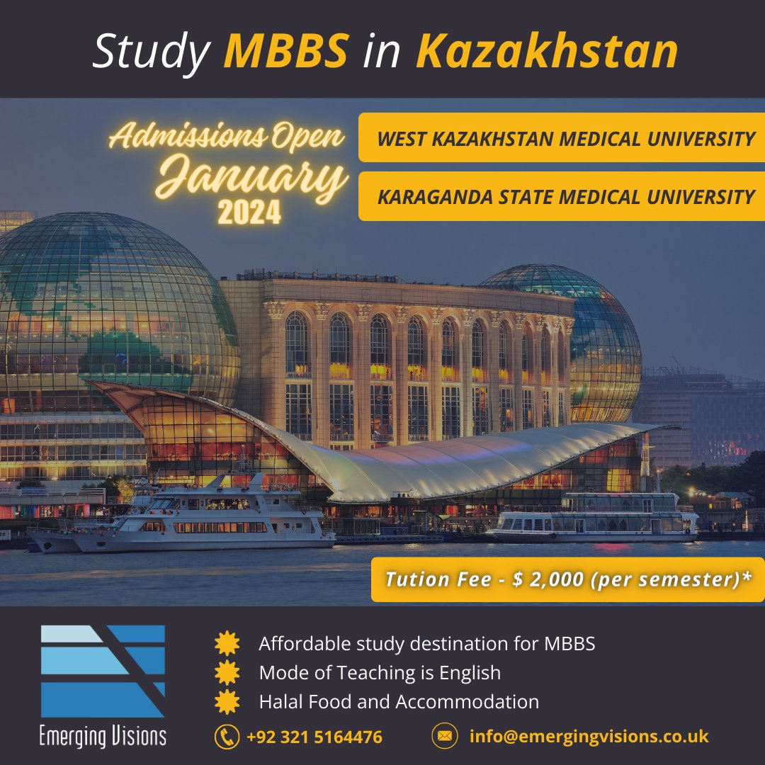 Emergingvisions's tweet photo. Study MBBS in Kazakhstan (PMC Recognized)

Admissions Open for January 2024 session at
🔹 West Kazakhstan Medical University (Tuition Fee - $1950 per semester)
🔹 Karaganda State Medical University (Tuition Fee - $2050 per semester)

#mbbs #StudyInKazakhstan #emergingvisions https://t.co/dmF2aLqXNU