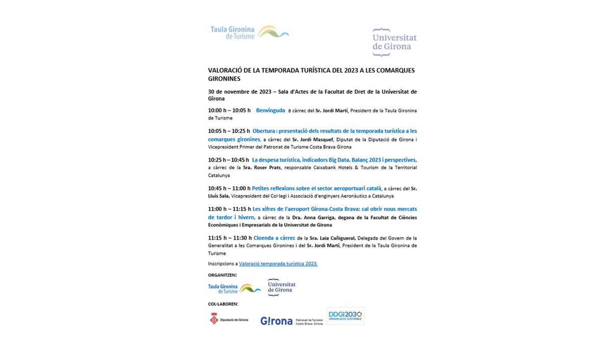 Aquest dijous 30/11 celebrarem la jornada de Valoració de la temporada turística. Comptarem amb la presència de: <a href="/jordimasquef/">Jordi Masquef Creus</a>, <a href="/laia_co/">Laia Cañigueral</a>  Cañigueral, Roser Prats, Lluís Sala, Anna Garriga i més membres de la TGT. Inscripcions a: docs.google.com/forms/d/10ws3h…