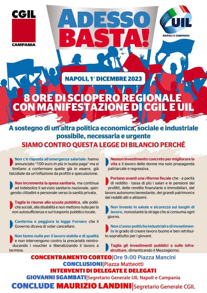 Adesso Basta! 1° dicembre sciopero Cgil e UIL a Napoli
Si terrà mercoledì, 29 novembre, alle ore 11.00, presso la sede della UIL Campania, la conferenza stampa sullo sciopero generale del 1° dicembre, a Napoli, indetto da CGIL e UIL, contro la manovra finanziaria del governo.