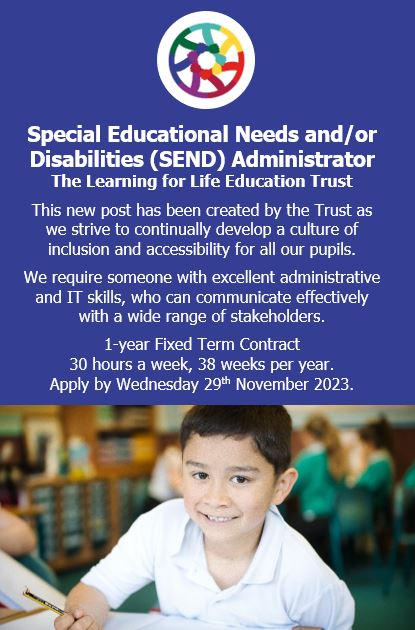 We have an exciting new vacancy in the Trust for a SEND Administrator. This role has been created as we strive to continually develop our culture of inclusion and accessibility. For more information visit learningforlifetrust.org.uk/working-for-us…
