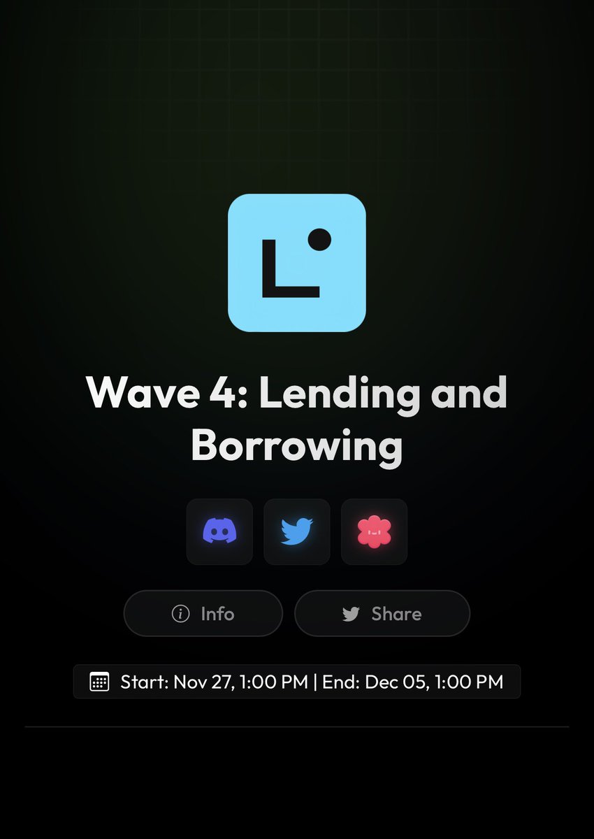 Wiem że lubicie robić różne kampanie 🤭🤭🤭

Rusza Wave 4: Lending and Borrowing od <a href="/LineaBuild/">Linea.eth</a> 😎

👉 intract.io/linea?referral…

✅ Zadanie główne: 

Pożycz ETH/WETH o wartości co najmniej 25 USD w jednej transakcji na Linea 

✅ Zadania bonusowe 

⏳ Mamy czas do 5 grudnia 13:00