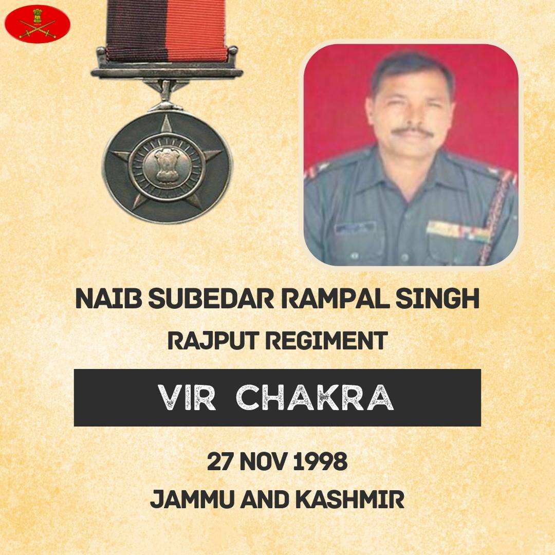 वीर चक्र से सम्मानित, Naib Subedar Rampal Singh Rajput Regiment 27 Nov 1998 Jammu and Kashmir Naib Subedar Rampal Singh displayed indomitable courage & bravery in the face of the enemy. Awarded #VirChakra. Salute to the War Hero. gallantryawards.gov.in/awardee/2824 गड़ौली धाम परिवार
