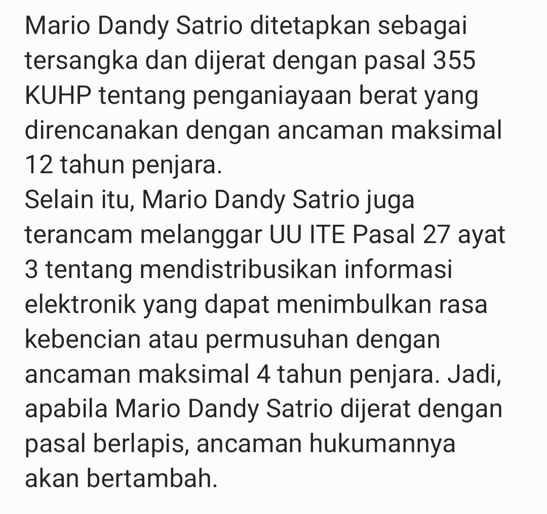 cahyaningrumn's tweet photo. Mario Dandy pelaku penganiayaan serta menyebarluaskan konten kekerasan yang melanggar UU ITE.

Apakah Mario Dandy bakal dijerat pasal berlapis???
#mariodandy #David #pelanggaran #UUITE #penganiayaan #konten #tugaskuliah https://t.co/KthIJzylfO