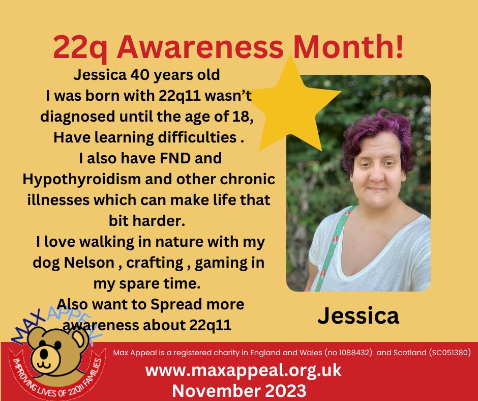MaxAppealUK's tweet photo. 22q Awareness Days. Say "Hi" to Jessica who is 40. She loves walking her dog Nelson, crafting and gaming. #22q #maxappeal https://t.co/6ixxBNO2hP