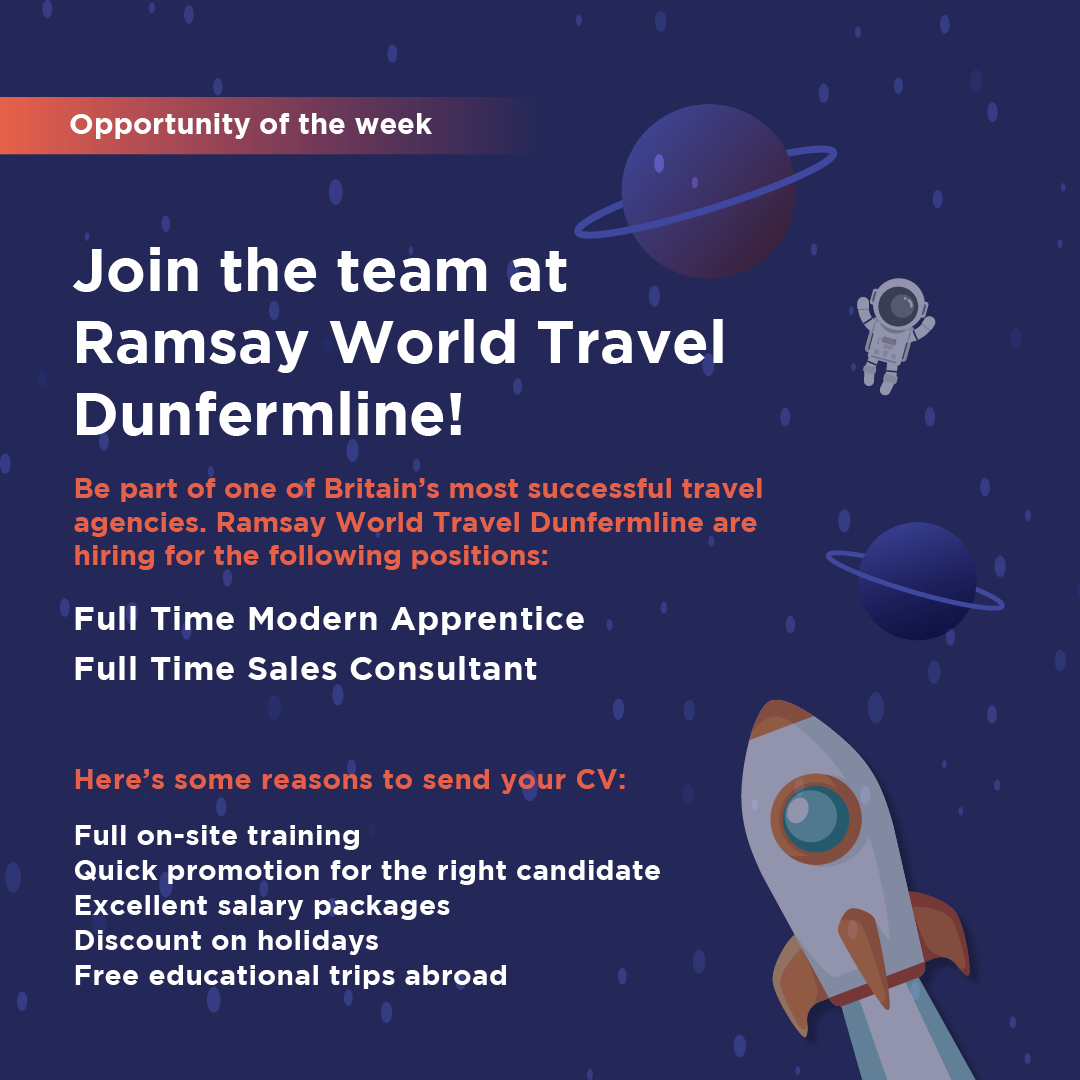 DYWFife's tweet photo. OPPORTUNITY OF THE WEEK🚀

Join Ramsay World Travel Dunfermline for a career as a Full-Time Modern Apprentice or Sales Consultant. 

Find out more here: https://t.co/tXt411p8mV

#RamsayWorldTravel #DYWFife https://t.co/9e5jBm7i8J