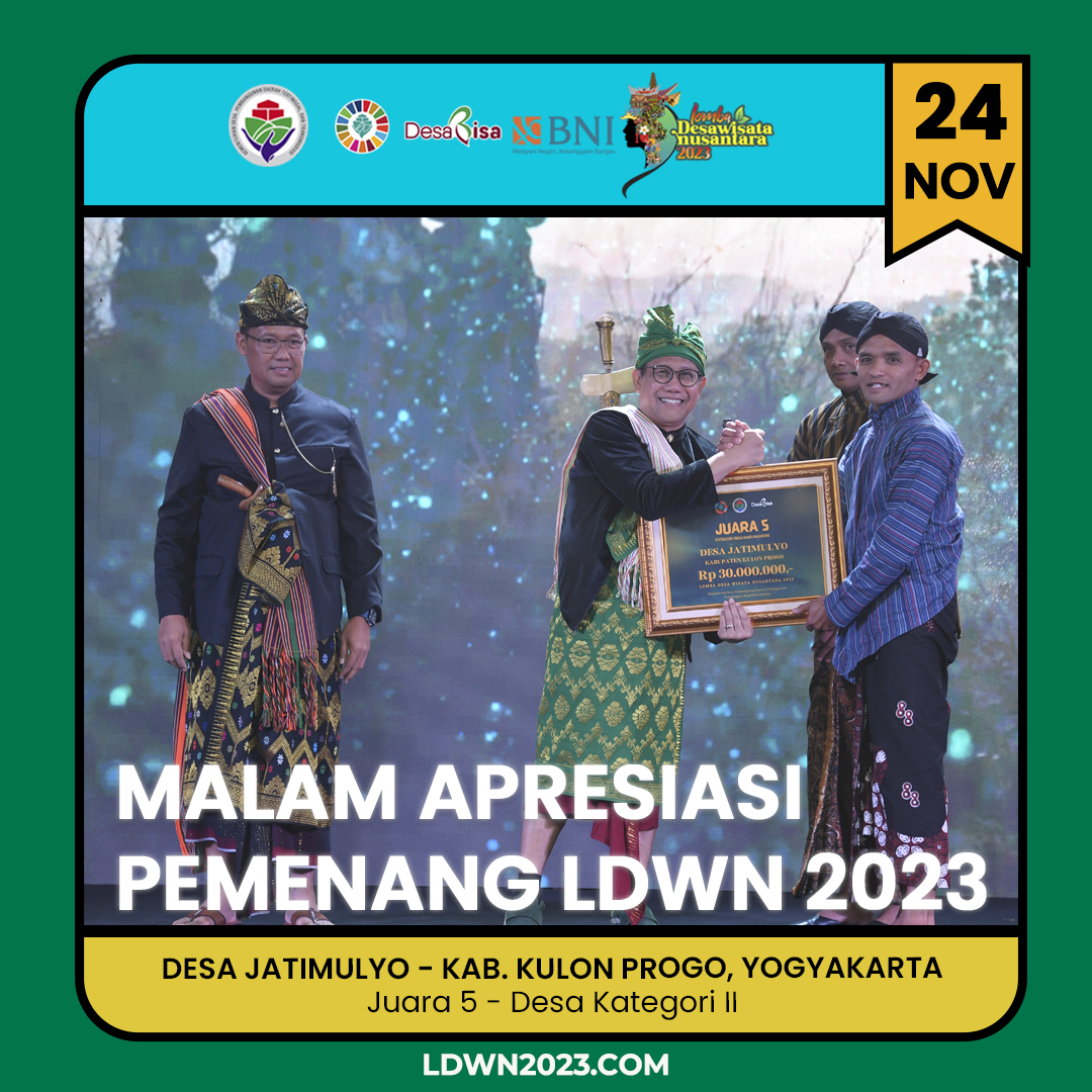 ldwn2024's tweet photo. Selamat kepada "DESA JATIMULYO, KABUPATEN KULON PROGO, DAERAH ITIMEWA YOGYAKARTA yang berhasil menerima penghargaan sebagai JUARA 5 untuk DESA KATEGORI II dalam Lomba Desa Wisata Nusantara 2023".

#KemendesPDTT
#LDWN2023
#Lombadesawisatanusantara2023
#berwisatakedesaaja https://t.co/1oiVcOu8gM