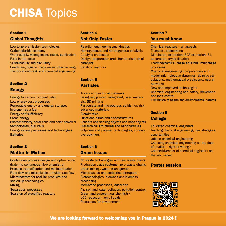 CHISAczech's tweet photo. Call for papers - CHISA 2024
62 years of CHISA congresses in the center of Europe. Are you interested in chemical engineering? Join us! https://t.co/8cpU790VHb https://t.co/d6hKr6JmCx