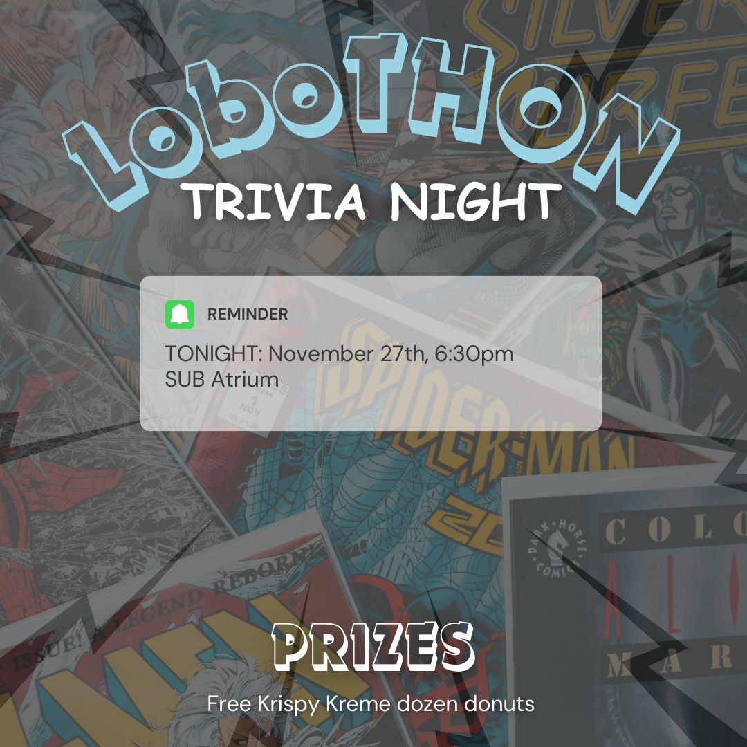 Reminder!! LoboTHON will be having our Trivia Night TONIGHT in the SUB Atrium!
Trivia will include  Disney, Marvel, Star Wars, and Harry Potter!