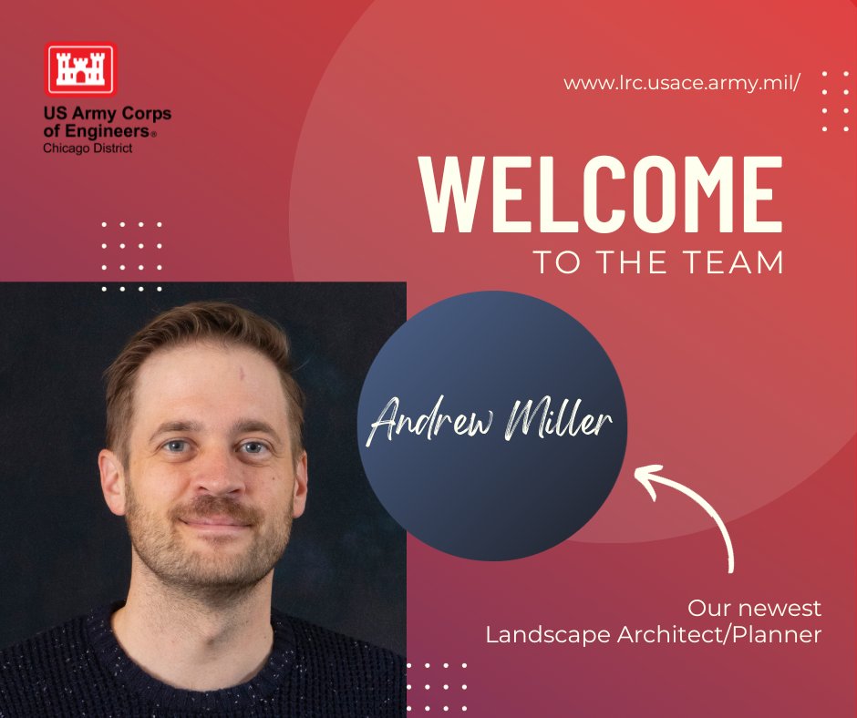 We’re happy to introduce Andrew Miller as a new employee on the #USACEChicago team! He is a Landscape Architect/Planner in the Environmental and Cultural Resources Section of the Planning Branch.

Welcome to the team, Andrew!

Check here for how to apply: lrc.usace.army.mil/Careers/How-to…