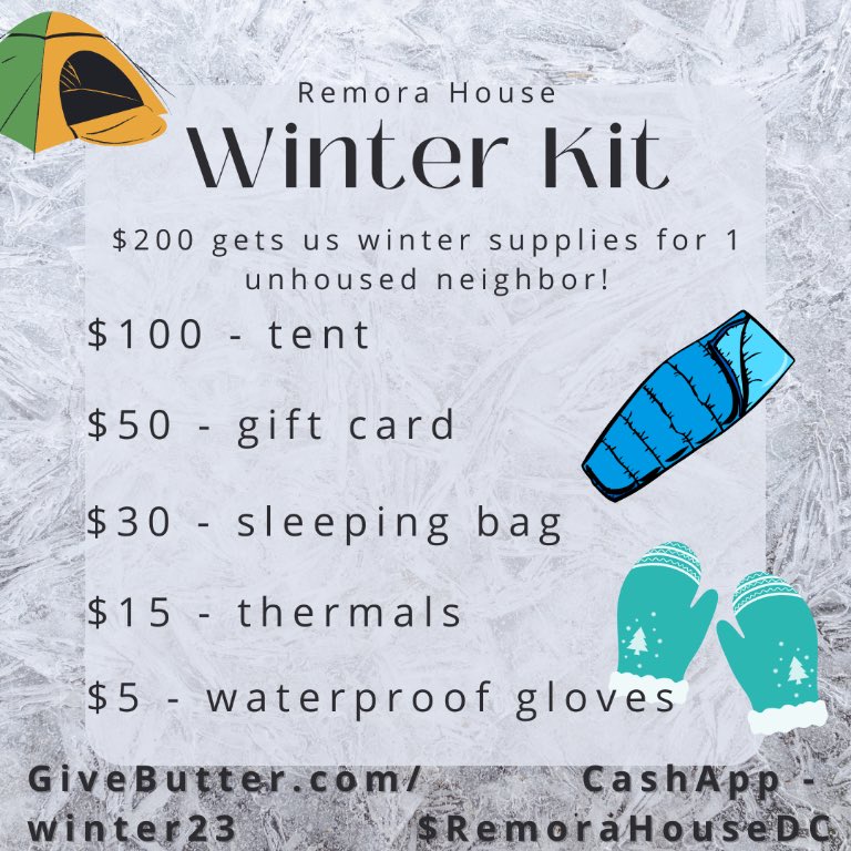 ❄️Washington DC, it’s cold❄️ Help us get winter supplies to unhoused people across the city! We get no grant & all our support comes from individual donations! If able, donate! Cashap: $RemoraHouseDC One time & reoccurring donations: givebutter.com/winter23 Thank you all!