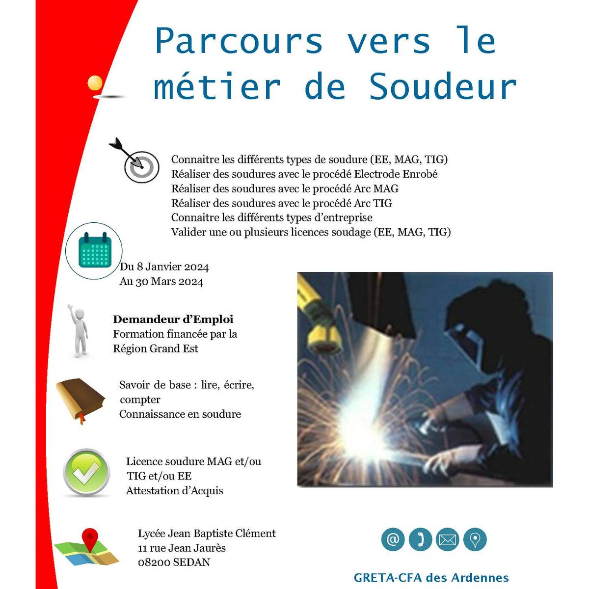 GRETA-CFA des ARDENNES (@ardennesgreta) on Twitter photo Venez nous rencontrer les :
• 29 Novembre 2023
• 6 Décembre 2023
• 13 Décembre 2023
Au lycée Jean Baptiste Clément, 11 rue Jean Jaurès, 08200 Sedan.
Tel : 03.51.25.23.03 ; Mail : Centre.jb.clement@greta-ardennes.com Venez nous rencontrer les :
• 29 Novembre 2023
• 6 Décembre 2023
• 13 Décembre 2023
Au lycée Jean Baptiste Clément, 11 rue Jean Jaurès, 08200 Sedan.
Tel : 03.51.25.23.03 ; Mail : Centre.jb.clement@greta-ardennes.com