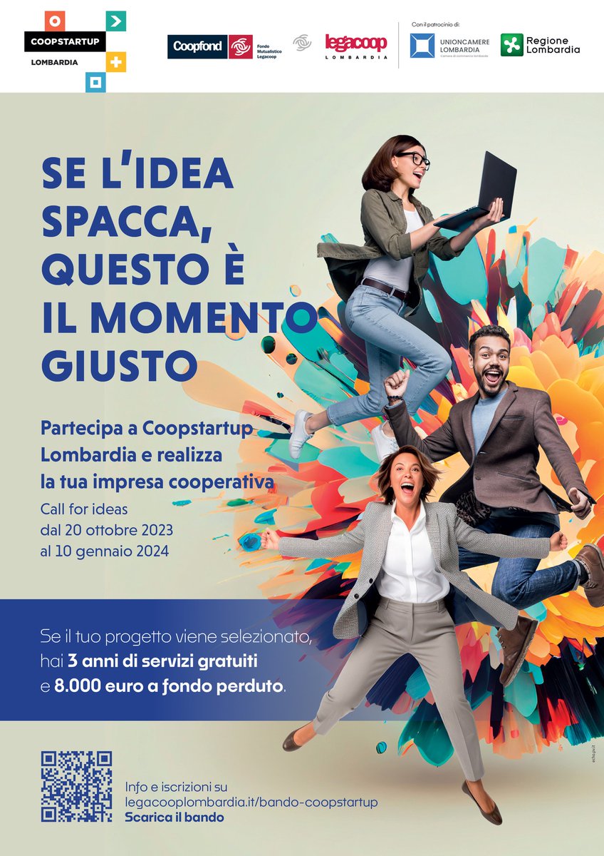 #Coopstartup Lombardia è il bando per progetti d'impresa cooperativa: un percorso di formazione gratuito, accompagnamento dalla fase iniziale alla costituzione in cooperativa fino ai 36 mesi successivi e 8k a fondo perduto per l'avvio
Partecipa online: coopstartup.it/lombardia