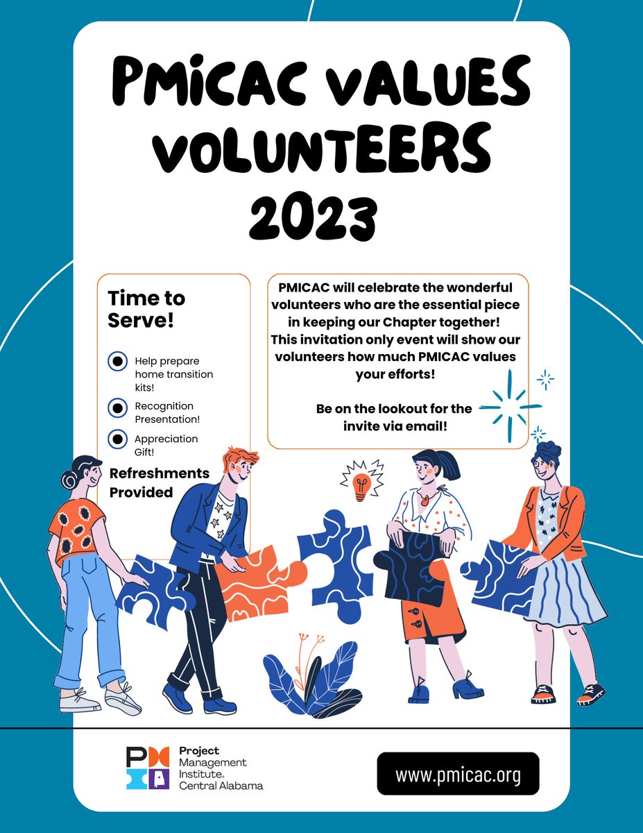 What is PMI without its volunteers? PMICAC knows the value of members who go above and beyond!

PMICAC will recognize the efforts of these individuals at our invitation only "PMICAC Values Volunteers" event in December.

Be on the lookout for invites! PMICAC appreciates you!