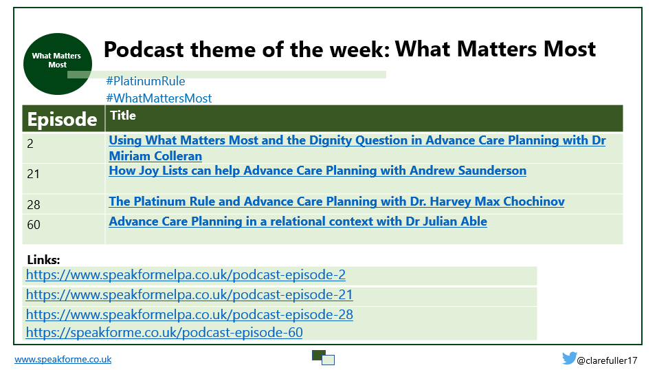 Clare Fuller RGN MSc (@clarefuller17) on Twitter photo Conversations #AboutAdvanceCarePlanning returns with a new series in 2024, each week I'll be releasing themed episodes from the archives. This week I’m sharing some great episodes focusing on #WhatMattersMost - the heart of all & Advance Care Planning #PersonalisedCare
<a href="/Pers_Care/">Personalised Care</a> Conversations #AboutAdvanceCarePlanning returns with a new series in 2024, each week I'll be releasing themed episodes from the archives. This week I’m sharing some great episodes focusing on #WhatMattersMost - the heart of all & Advance Care Planning #PersonalisedCare
<a href="/Pers_Care/">Personalised Care</a>