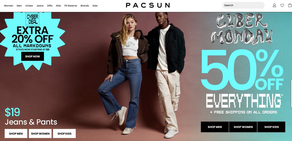 Cyber Monday🔥  50% OFF Everything + Free Shipping
$19 Jeans and Pants via PacSun
Ad> sovrn.co/17jwjcx