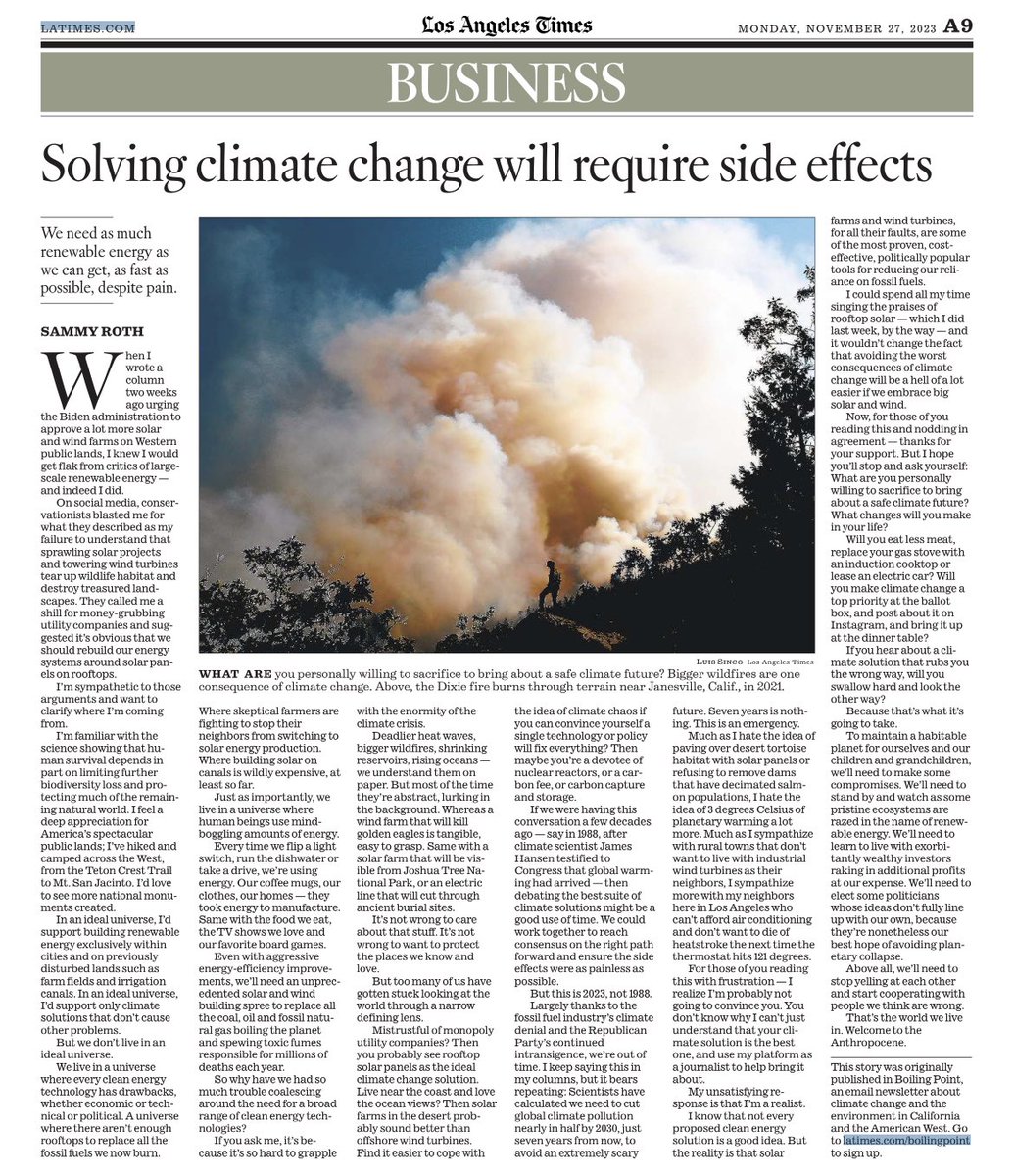 Sammy Roth (@sammy_roth) on Twitter photo In today’s <a href="/latimes/">Los Angeles Times</a>: My column making the not even slightly controversial argument that building enough clean energy to solve the climate crisis will have some unpleasant side effects, and we’d better start getting used to them: latimes.com/environment/ne… In today’s <a href="/latimes/">Los Angeles Times</a>: My column making the not even slightly controversial argument that building enough clean energy to solve the climate crisis will have some unpleasant side effects, and we’d better start getting used to them: latimes.com/environment/ne…