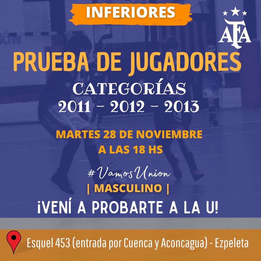 📝 Siguen las pruebas para Inferiores 🙌🏼

🗓️ Categorías 2011 / 2012/ 2013

⚽️ Martes 28 de noviembre 

⏰ 18:00 hs

🏟️ Esquel 453 - Ezpeleta 

¡Vení a probarte a la “U”!