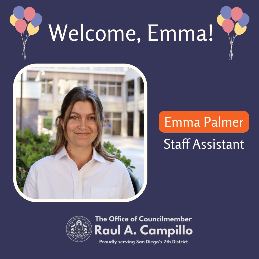 CMRaulCampillo's tweet photo. Emma Palmer is a UCSD grad and comes to our office with experience in Congressman Mike Levin's office as well as at the Solana Center for Environmental Innovation. We could not be more excited to have Emma on the District 7 team. Welcome, Emma! https://t.co/zBAkzBio5E