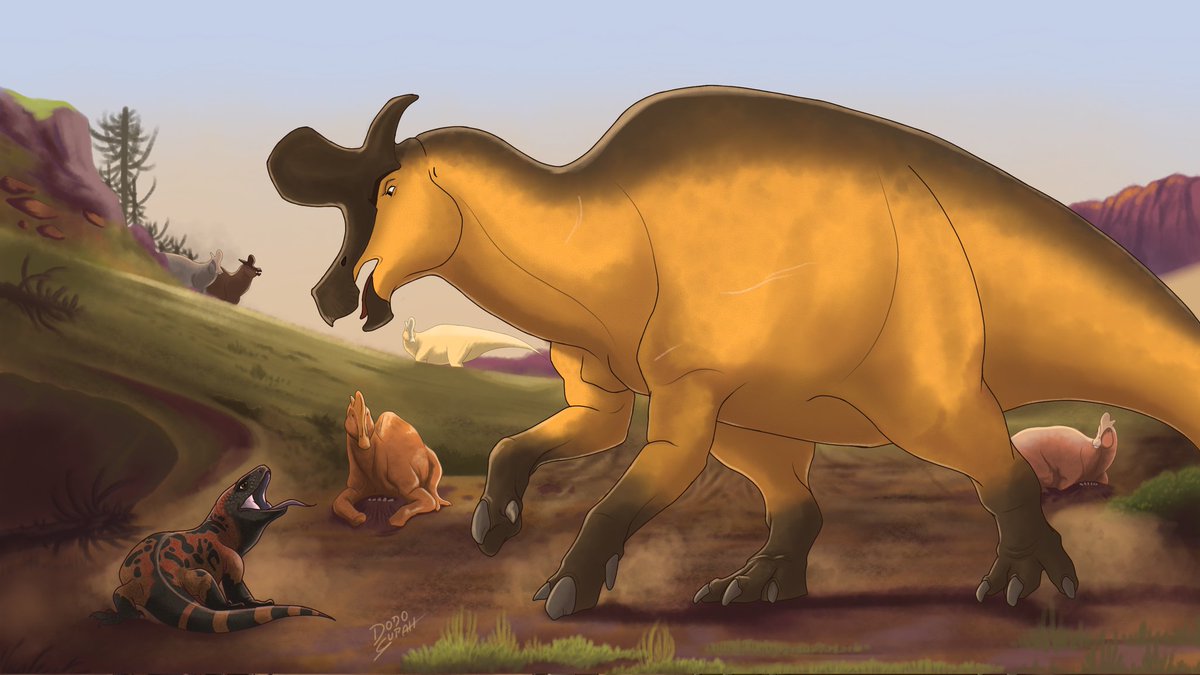 SuperDo75363417's tweet photo. Another piece for "Spirit: Dinosaur Park Formation", a Palaeosaniwa tries to approach Lambeosaurus nests (termina mal ☠️)

Inspired by concept art for "Spirit: Stallion of the Cimarron"

#paleoart #lambeosaurus #palaeosaniwa #spiritstallionofthecimarron #dinosaurparkformation https://t.co/36EOIKIDgB