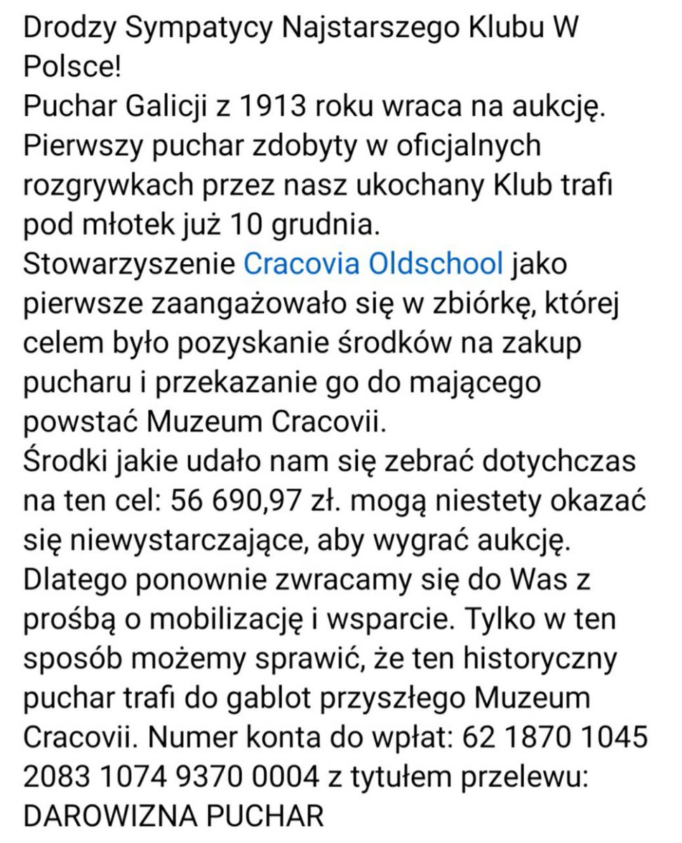 CRACOVIAOLDSCH1's tweet photo. Puchar zdobyty przez Cracovię na Pierwszych Mistrzostwach Galicji w 1913 roku wraca ponownie na aukcję!🏆⚪️🔴⚪️🔴⚪️🔴⚪️🎩
Walczymy dalej!💪💪💪
https://t.co/T9mxA5dAv1 https://t.co/hLfC8lN6jE