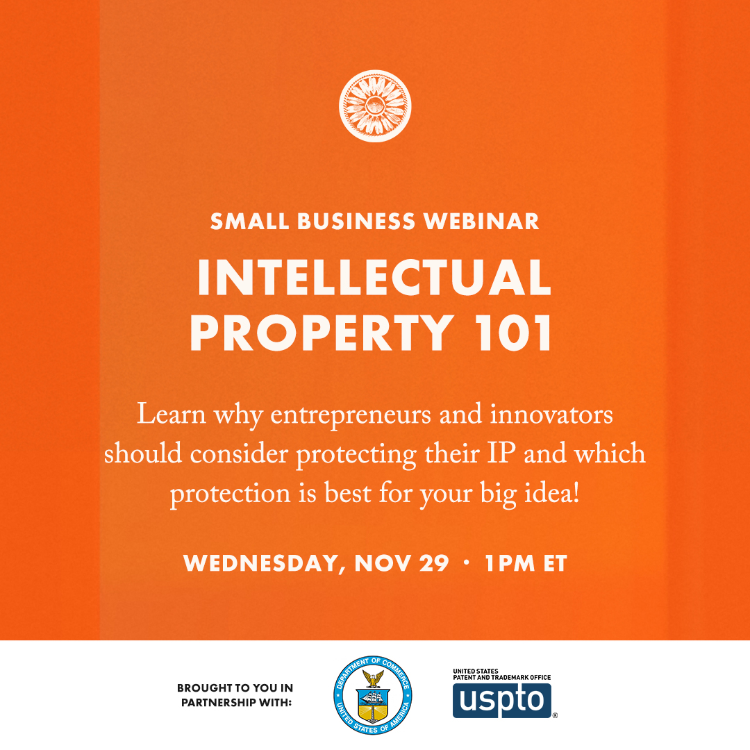 uspto's tweet image. We're partnering with the Tory Burch Foundation for a webinar to help you understand how intellectual property protections can help your business. 
 
🗓️ Nov. 29 
🕐 1 p.m. EST 
💻 Zoom 
 
Register for the event: lnkd.in/eku--eNb