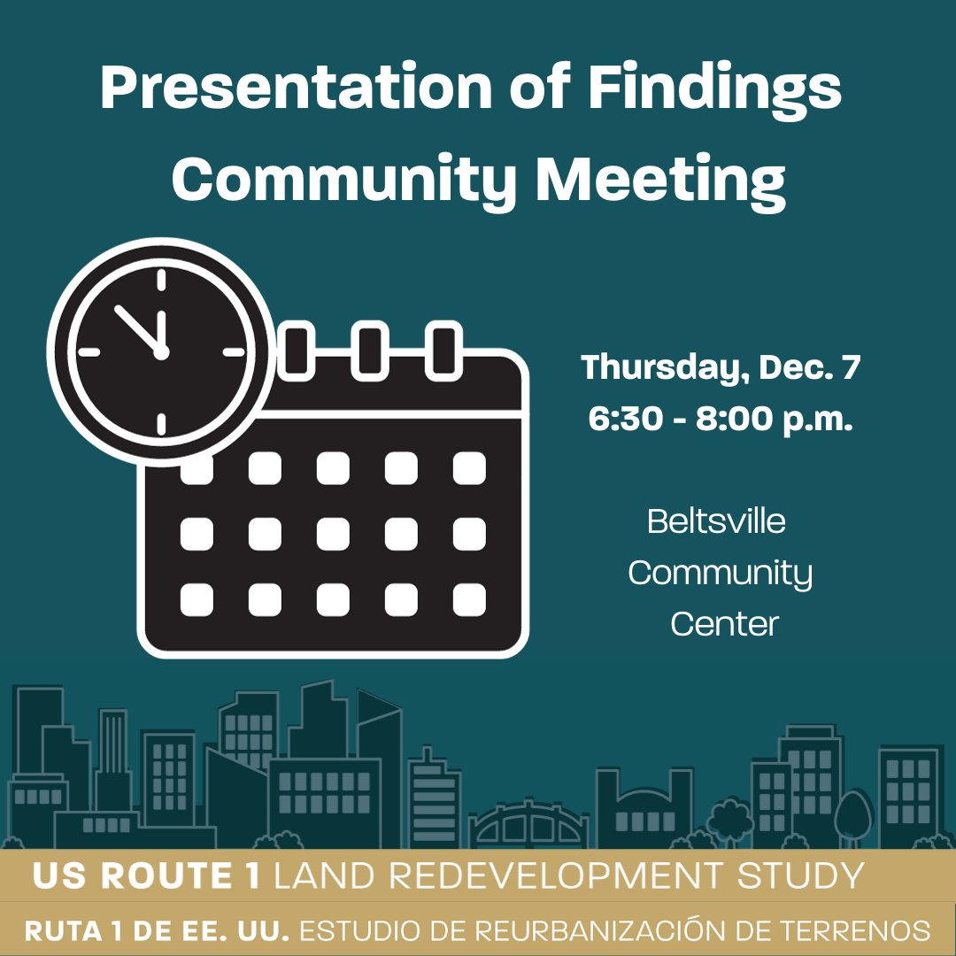PGPlanningMD's tweet photo. 📢 Save the date! On Dec. 7, we're unveiling the recommendations for the US Route 1 Land Redevelopment Study. You are crucial in making this area vibrant. Join us at the Beltsville Community Center, 6:30-8p. Register at https://t.co/1euILdaP9p
#Beltsville #USRoute1 https://t.co/6ZCpZHoGL7