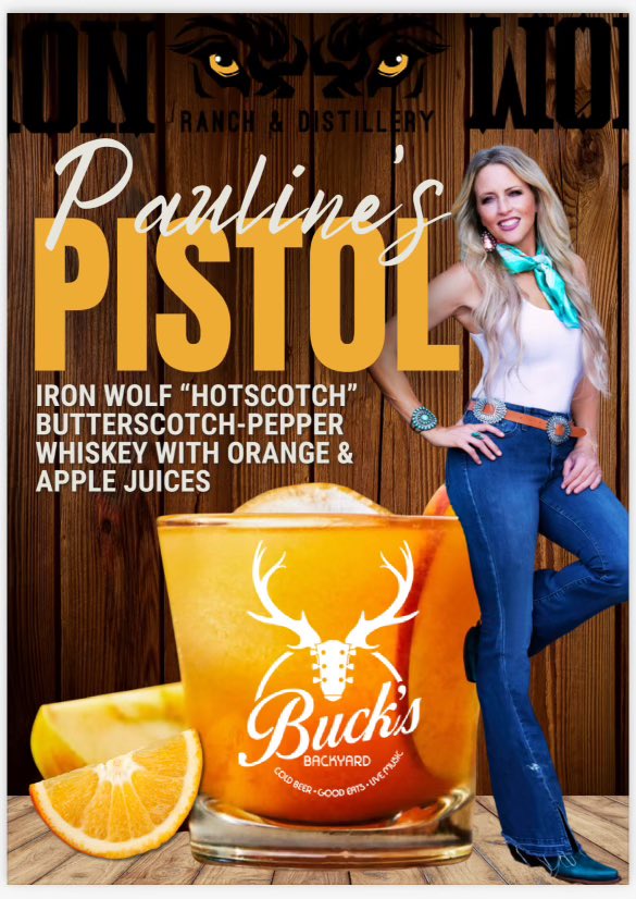 Pretty excited to have my own featured drink this Friday at <a href="/BucksBackyardTX/">Buck's Backyard</a> thanks to Iron Wolf Ranch Distillery! #paulinespistol