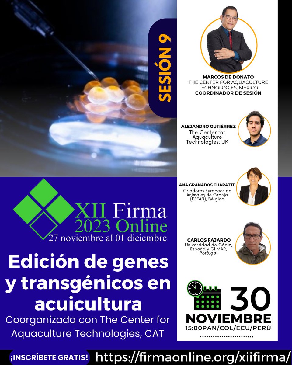 aquatechcenter's tweet photo. Attention to our Spanish-speaking followers! Don’t miss this FREE online session on "Gene editing and transgenics in aquaculture". It will take place on November 30th at 3pm EST/PET/COT. For registration and to browse other free sessions, please visit: https://t.co/yuIP19xMlG https://t.co/LzWbkjtJ7h