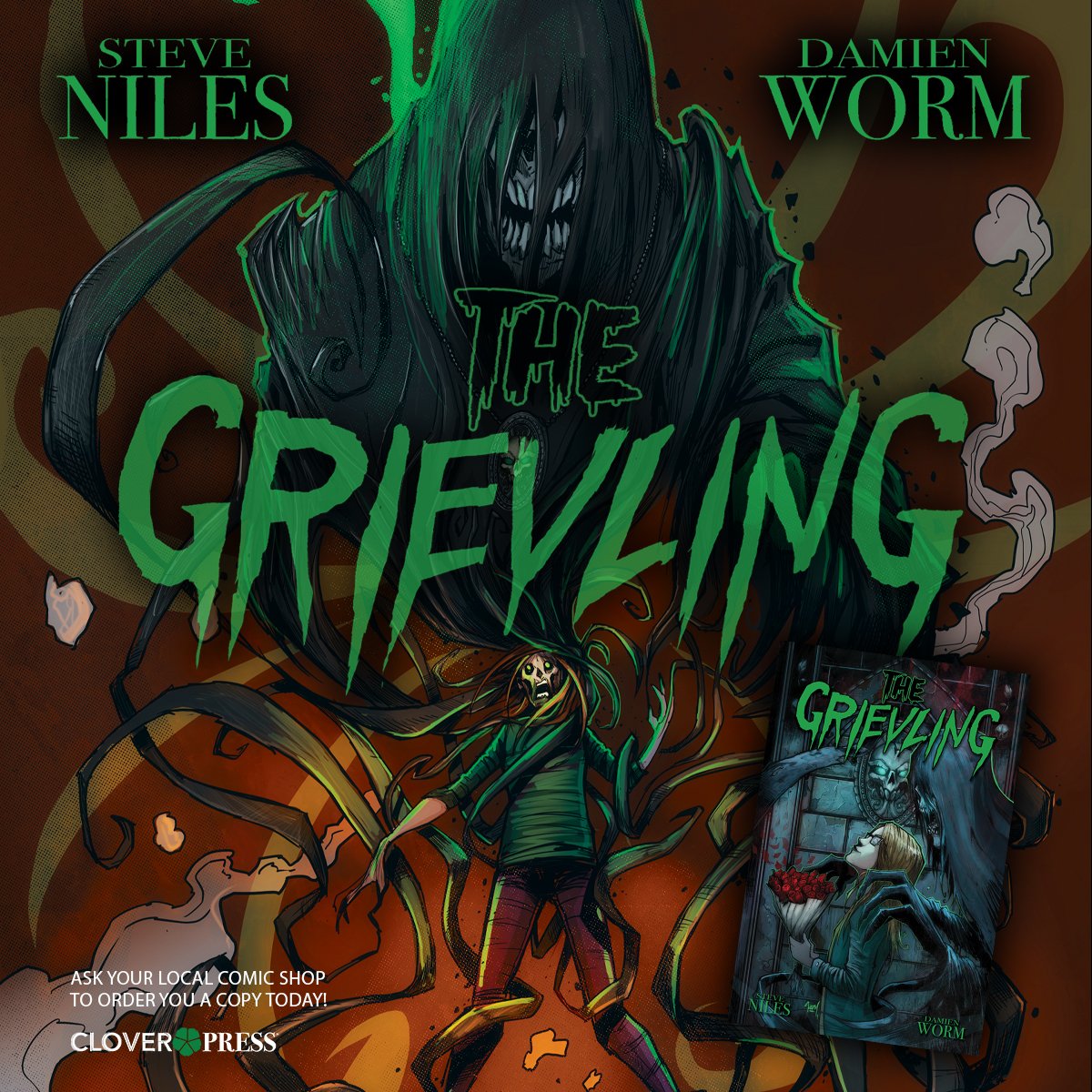 Steve Niles and Damien Worm bring you a horror story like no other! Ask your local comic shop to order you a copy of The Grievling today!

#grievling #steveniles #damienworm #comics #graphicnovel #horror #cloverpress