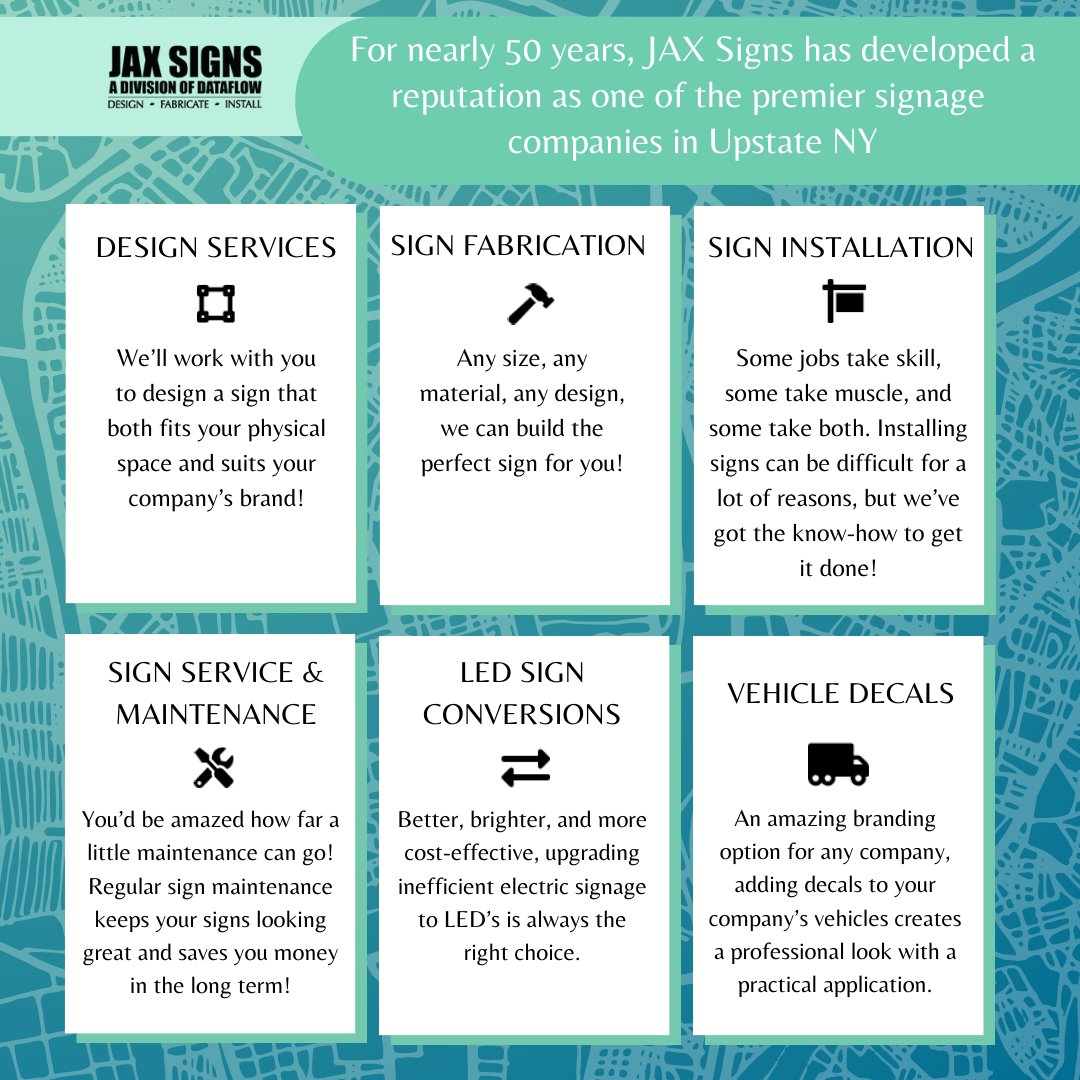 goDataflow's tweet photo. JAX Signs operates as a specialized signage division within The Dataflow Group, and for nearly 50 years, JAX Signs has developed a reputation as one of the premier signage companies in Upstate NY. https://t.co/2PS3zc1qUr