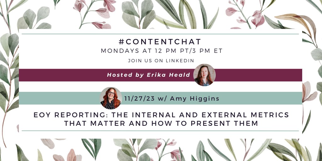 #ContentChat is starting NOW. Join @SFerika and @AmyWHiggins to explore how #contentmarketing teams can approach their end-of-year reporting. See this thread for all our questions, and listen to Erika and Amy live here or on LinkedIn.