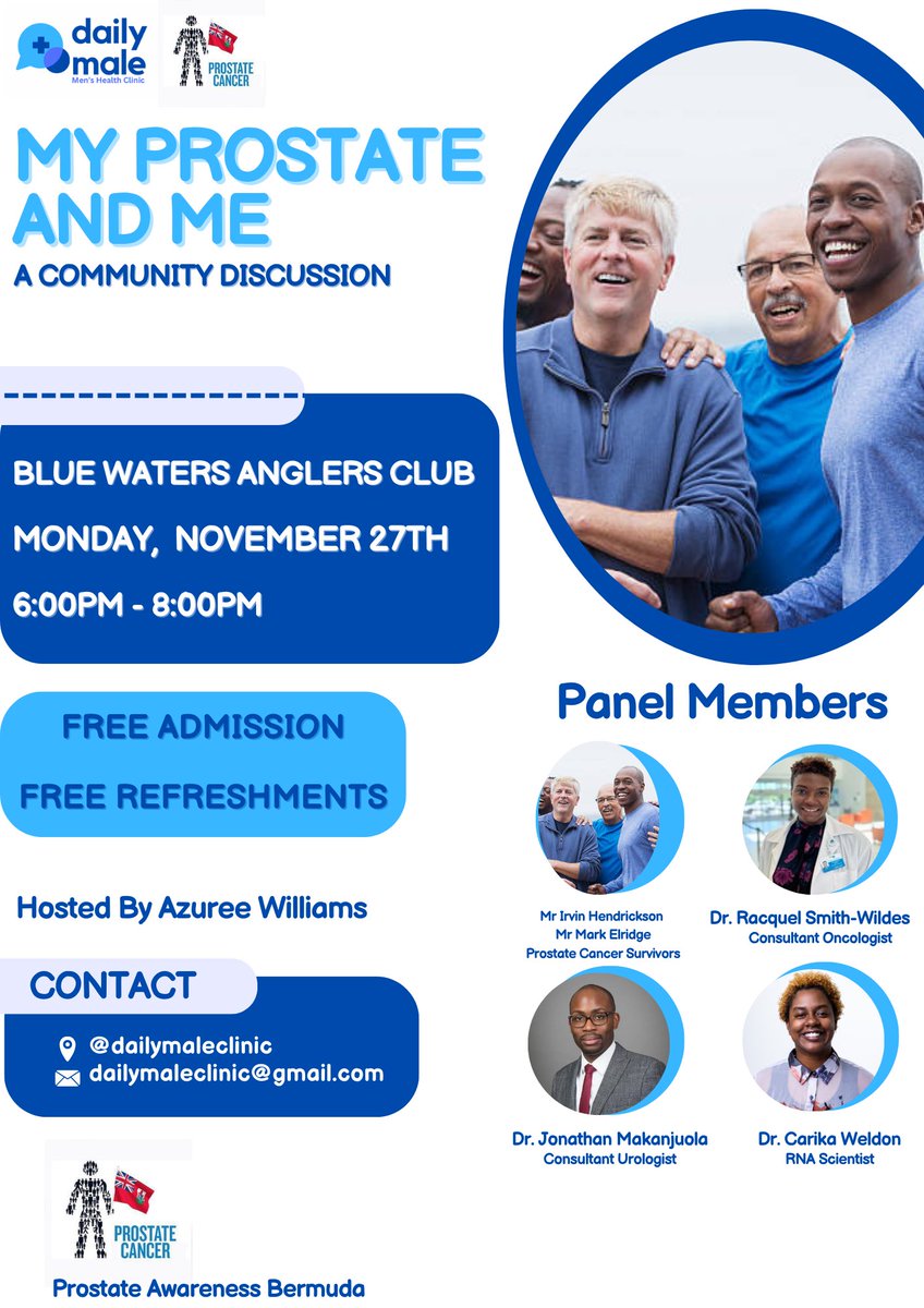 DailyMaleClinic's tweet photo. My Prostate &amp; Me: Panel Discussion 💙 Tonight at 6PM 🇧🇲 #Bermuda https://t.co/2bHMUY6QyU