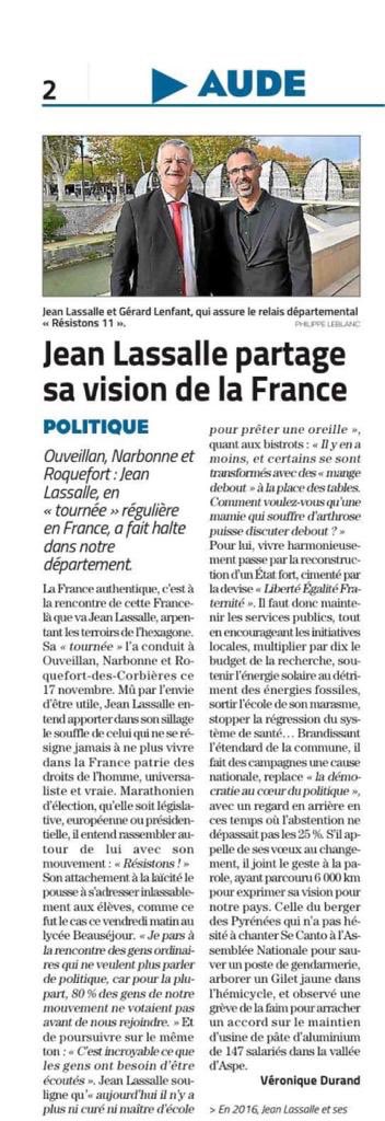 Retrouvez l’article de @lindependant avec @GerardLenfant7, notre relais départemental @ResistonsFrance dans l'Aude. «La France authentique,c’est à la rencontre de cette France là que va #JeanLassalle arpentant l’hexagone» Perte des services publics, de notre système de santé…