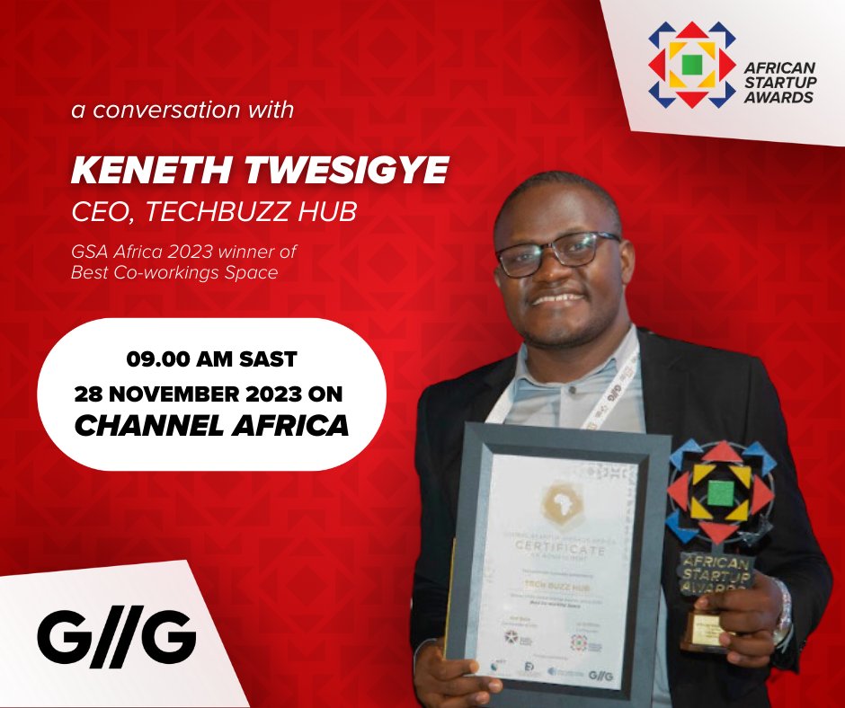 Tune in to @channelafrica1 at 09.00am SAST on 28 November to hear Keneth Twesigye, CEO of TechBuzzh Hub and 2023 winner of the GSA Africa Best Co-Working Space, talk about his experience in the competition and what winning has meant to him, his team and the future of TechBuzz Hub