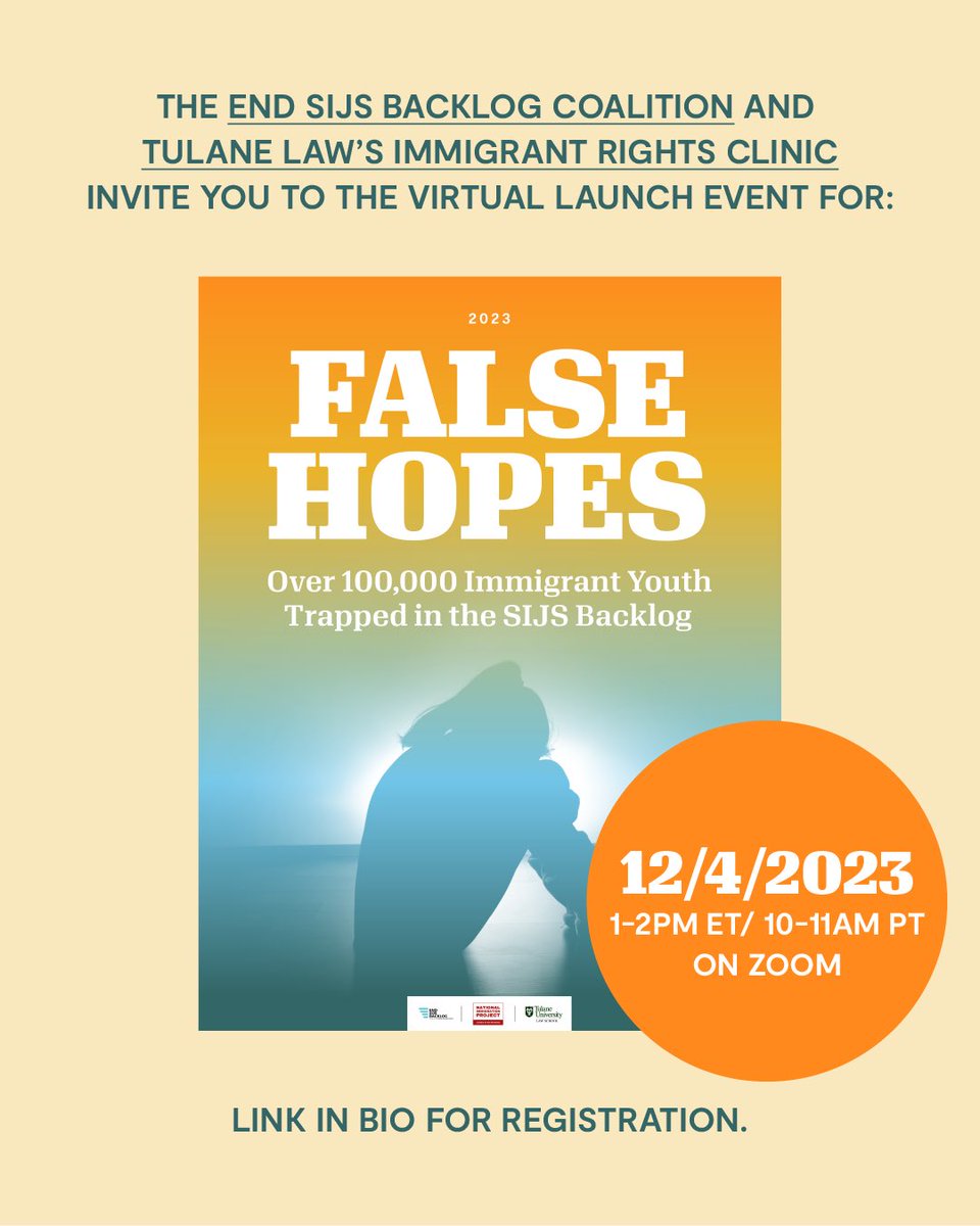 On 12/4, @EndSIJSBacklog Coalition (a project of @NIPNLG) & @TulaneLaw’s Immigrant Rights Clinic will release a new report that shows the skyrocketing #SIJSbacklog over the past 2 yrs. #EndSIJSBacklog Join the launch event to learn more ➡️ bit.ly/sijs-report-la…