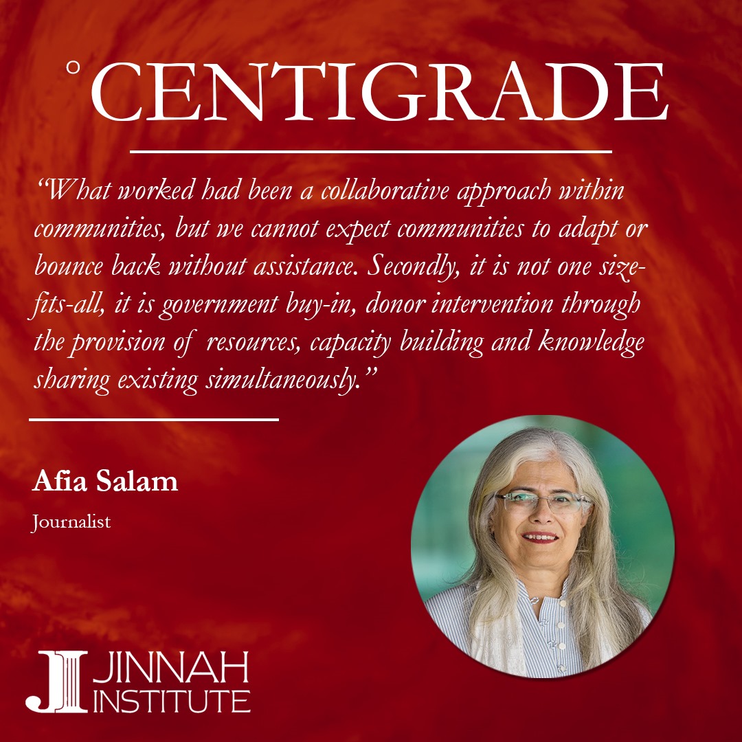 JinnahInstitute's tweet photo. At #CentigradeConference, "Pakistan's Race to Resilience,"
Journalist, @afiasalam , calling for community collaboration and institutional assistance for #adaptation highlighted that, “What worked had been a collaborative approach within communities, but we cannot expect communities to adapt or bounce back without assistance. Secondly, it is not one-size-fits-all, it is government buy-in, donor intervention through the provision of resources, capacity building and knowledge sharing existing simultaneously.”
#CentigradeConference2023 #ClimateFinance #ClimateAdaptation #ClimateResilience #ClimateAction
